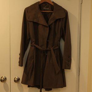 Taupe trench coat with bustle/skirt detail